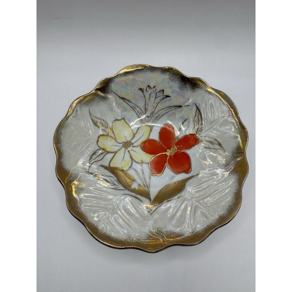 Hollywood Regency Iridescent Floral Gold Gilt Scalloped Ceramic Bowl